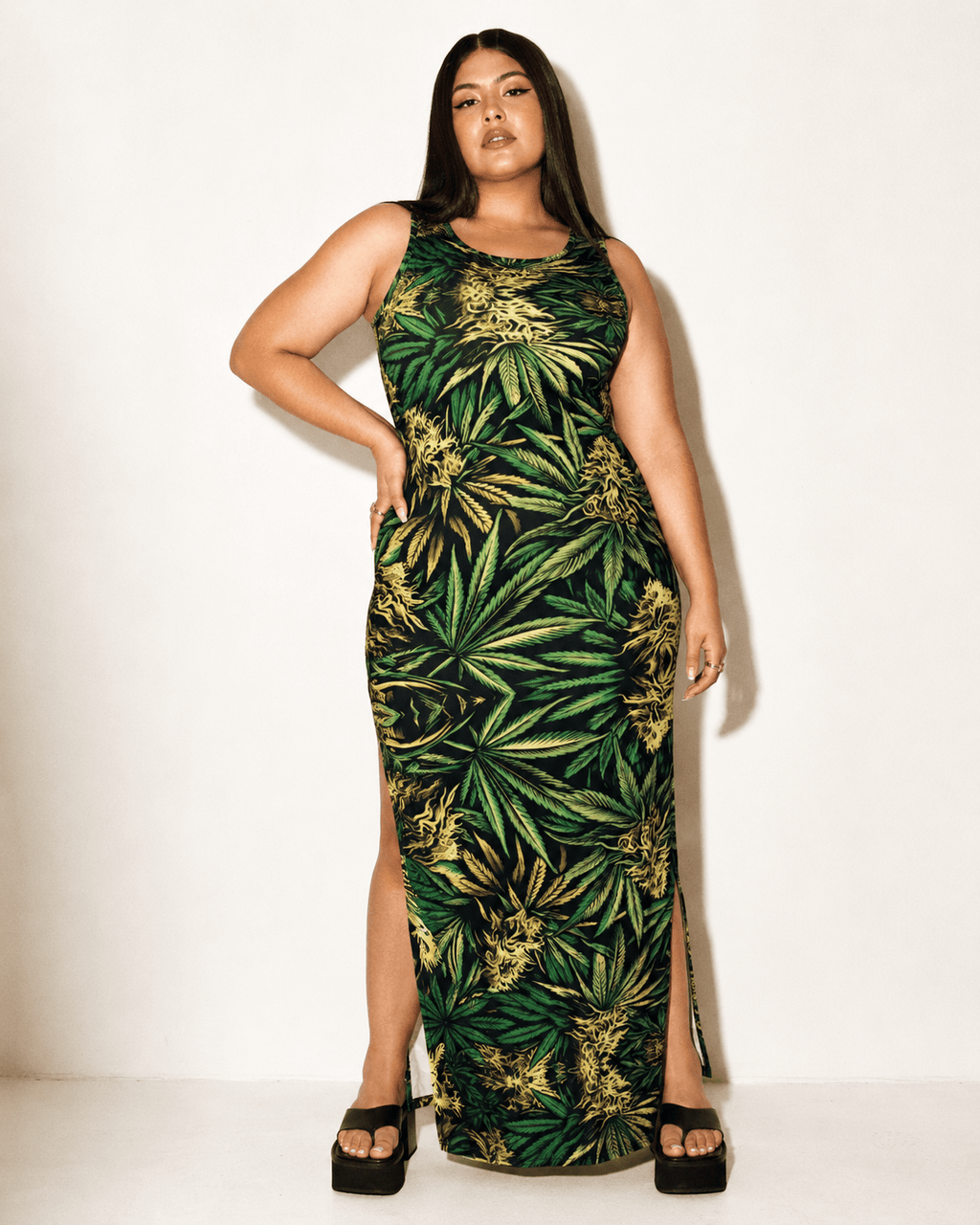 Bud print sleeveless long dress, three-quarter view on model