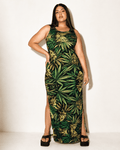 Bud print sleeveless long dress, three-quarter view on model
