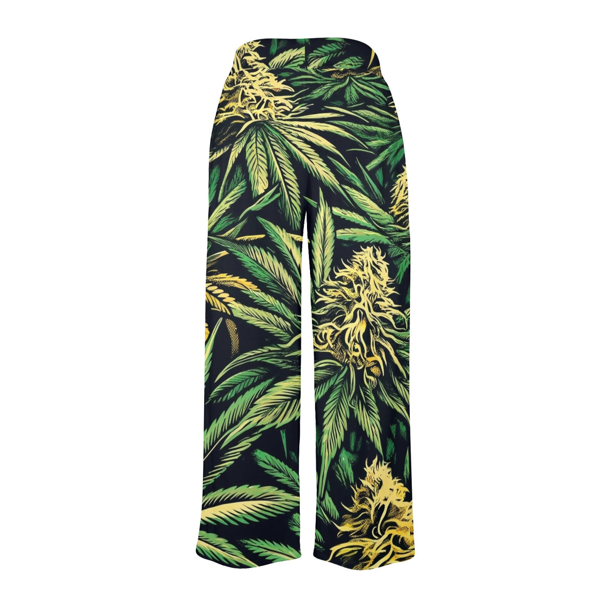 Big Buds botanical-print wide-leg lounge pants, original back design mockup.