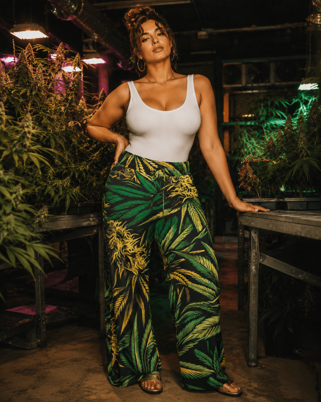 Bud print lounge pants, three-quarter view on model