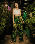 Bud print lounge pants, side view on model showing silhouette