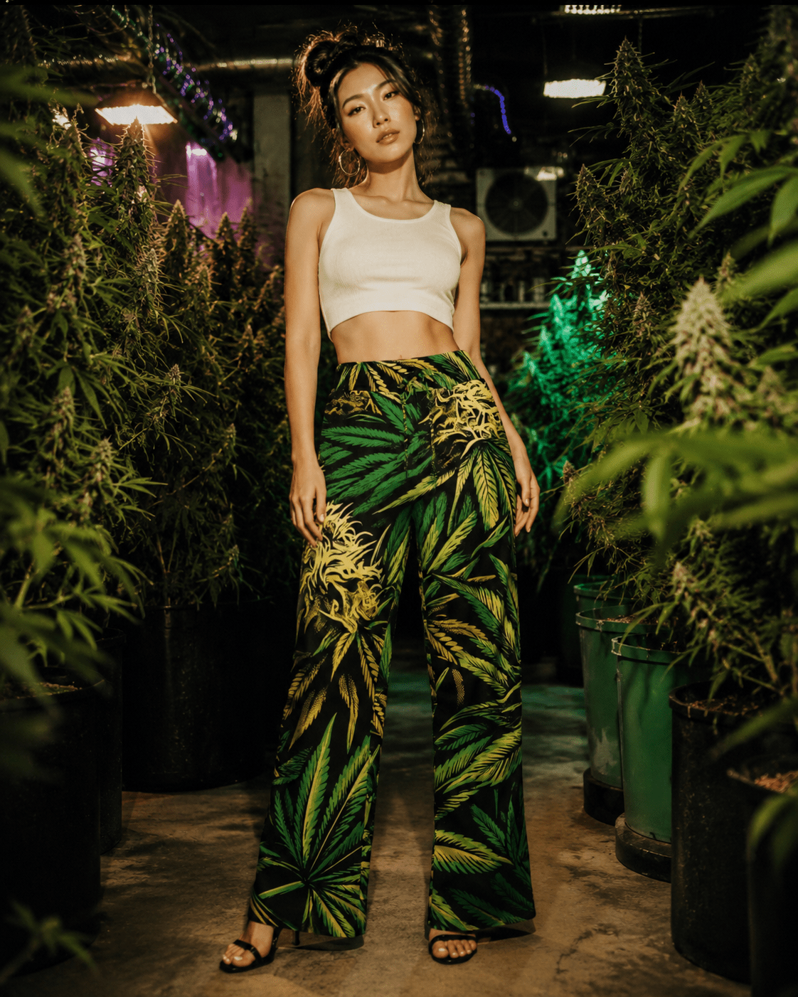 Bud print lounge pants, side view on model showing silhouette