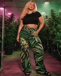 Jane Dope bud print wide leg lounge pants, lifestyle shot on model