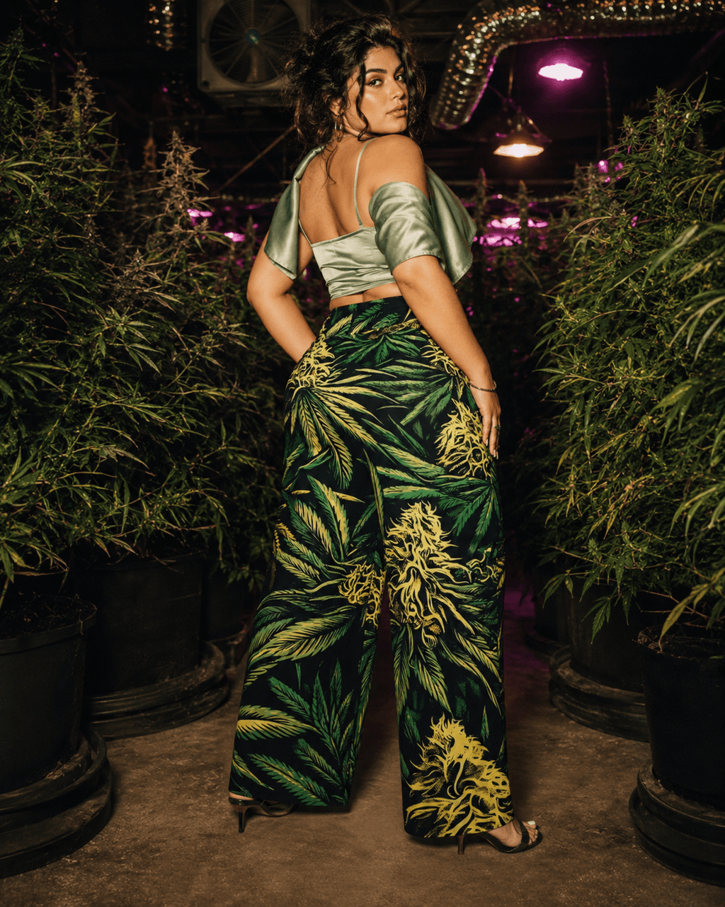 Bud print lounge pants, lifestyle editorial shot on model