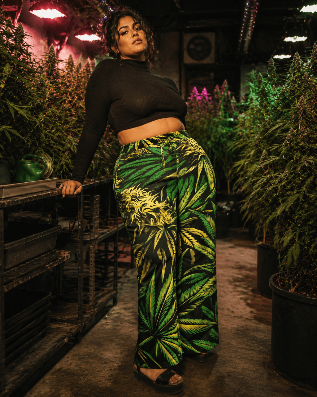 Bud print lounge pants, full length view on model outdoors