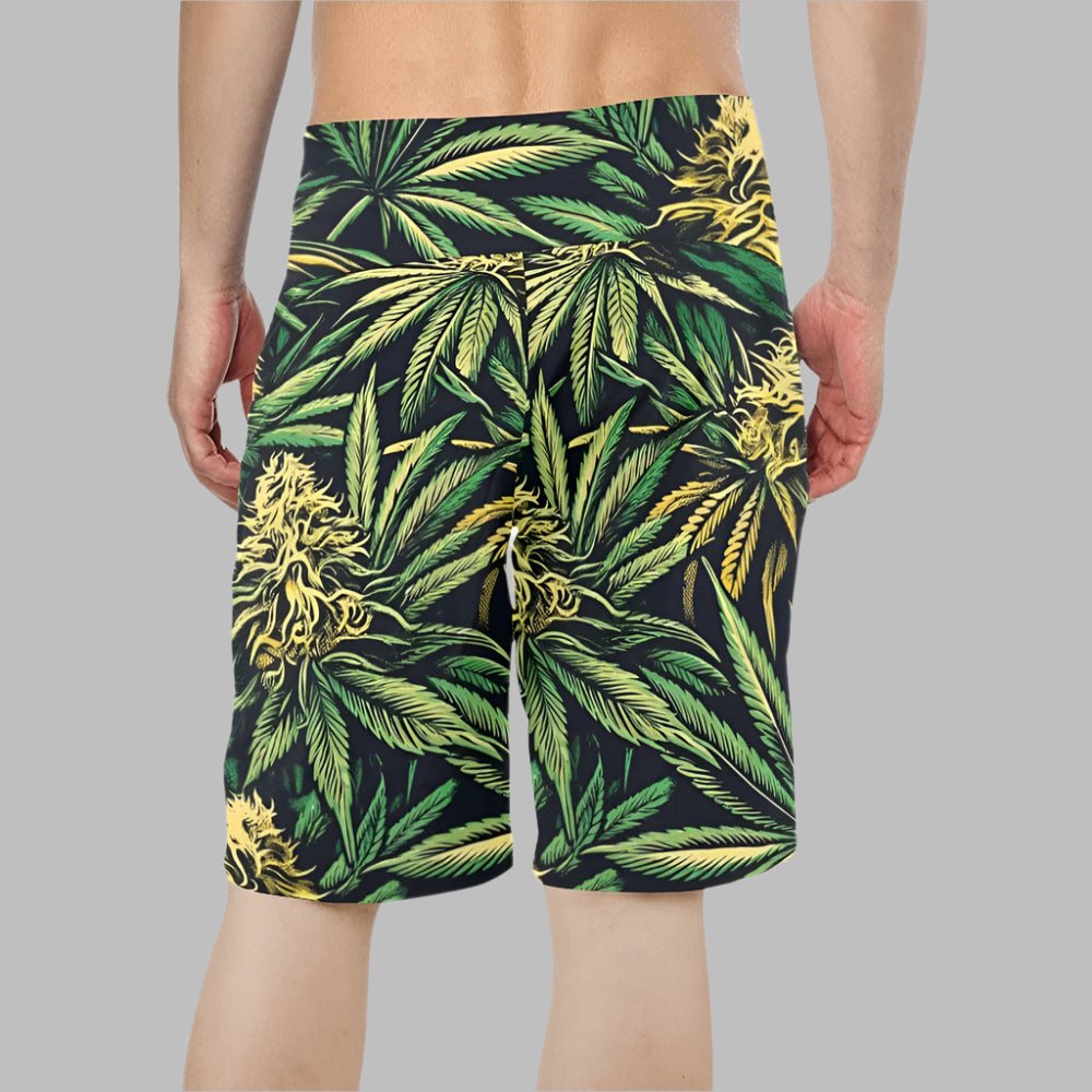 Cannabis big buds print board shorts, waistband detail close-up