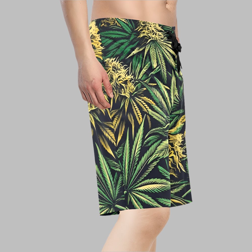 Cannabis big buds print board shorts, flat lay front