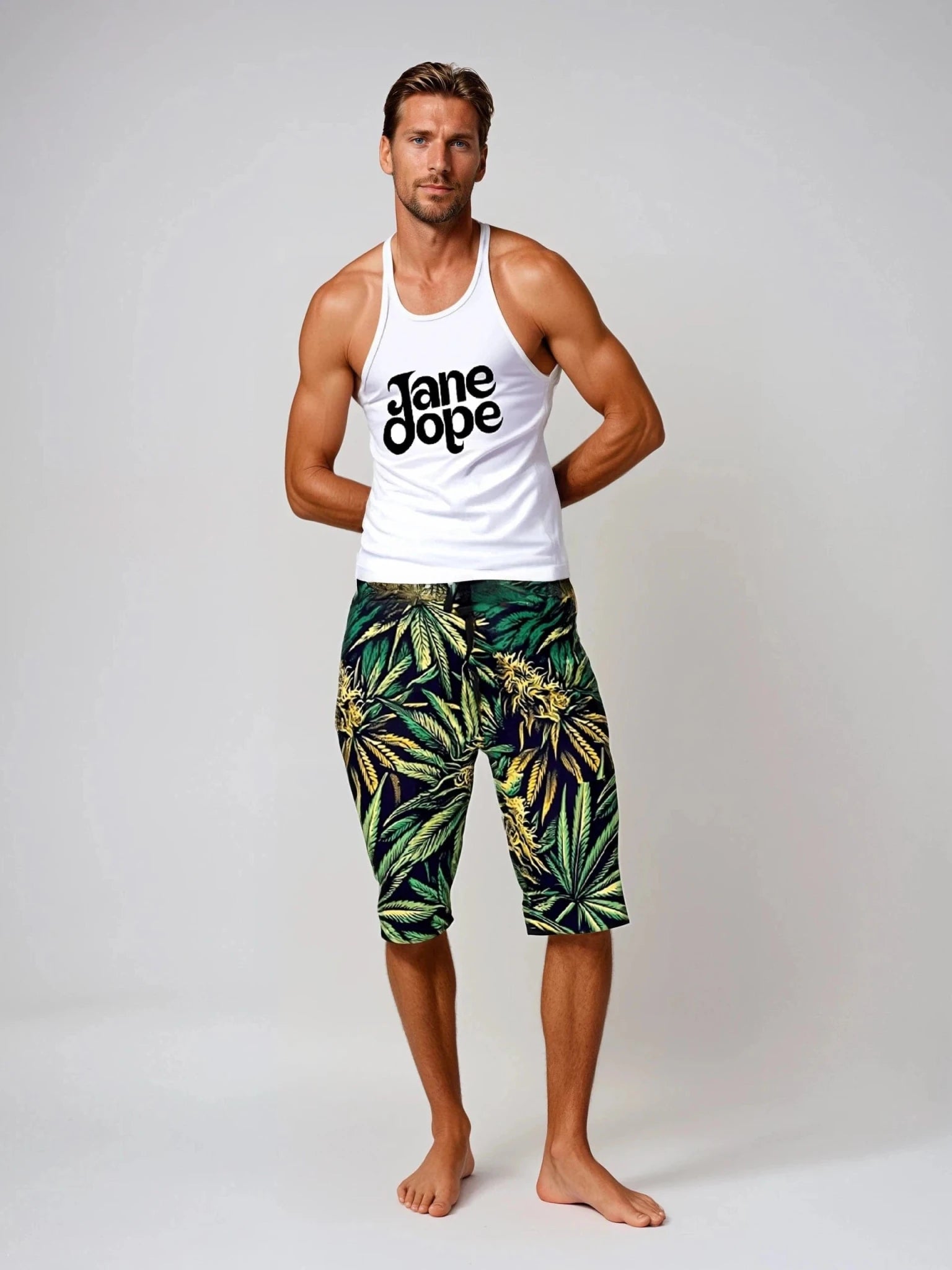 Jane Dope cannabis big buds print men's board shorts, front view