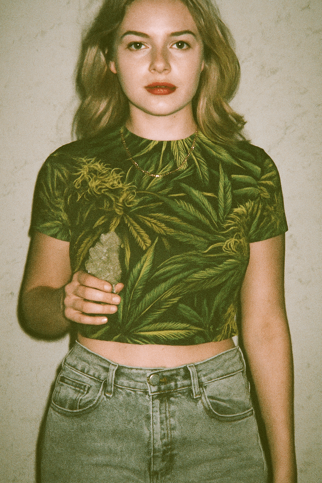 Jane Dope bud print sheer mesh cropped top, front view on model