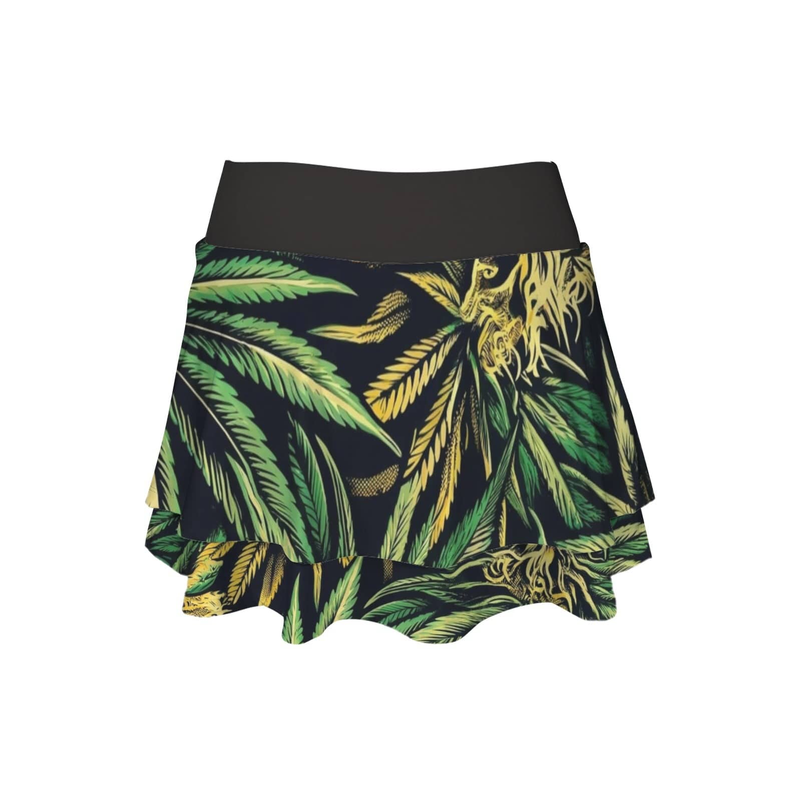 Cannabis big buds print ruffle sports mini skirt, hem and print close-up
