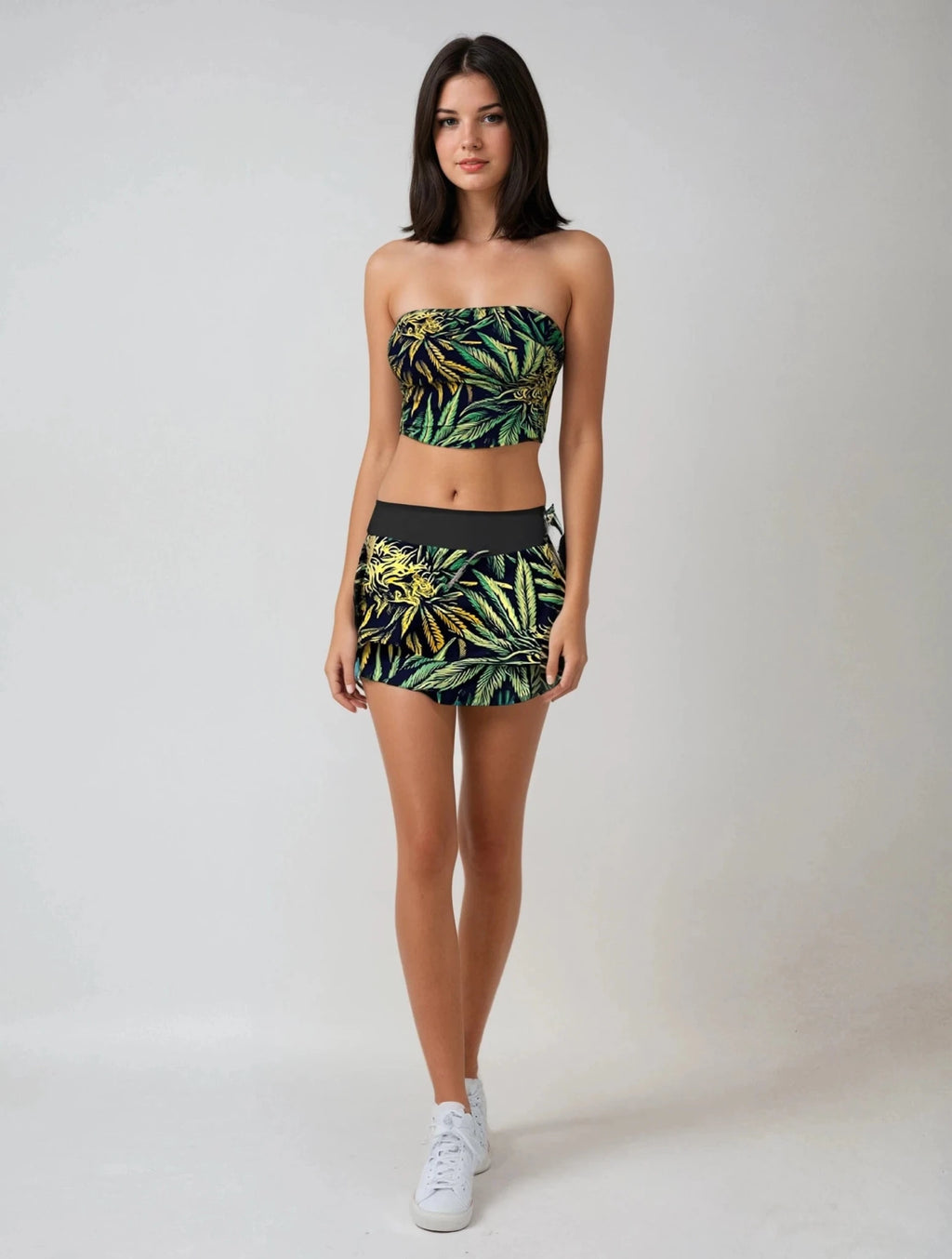 Cannabis big buds print ruffle sports mini skirt, side view on model