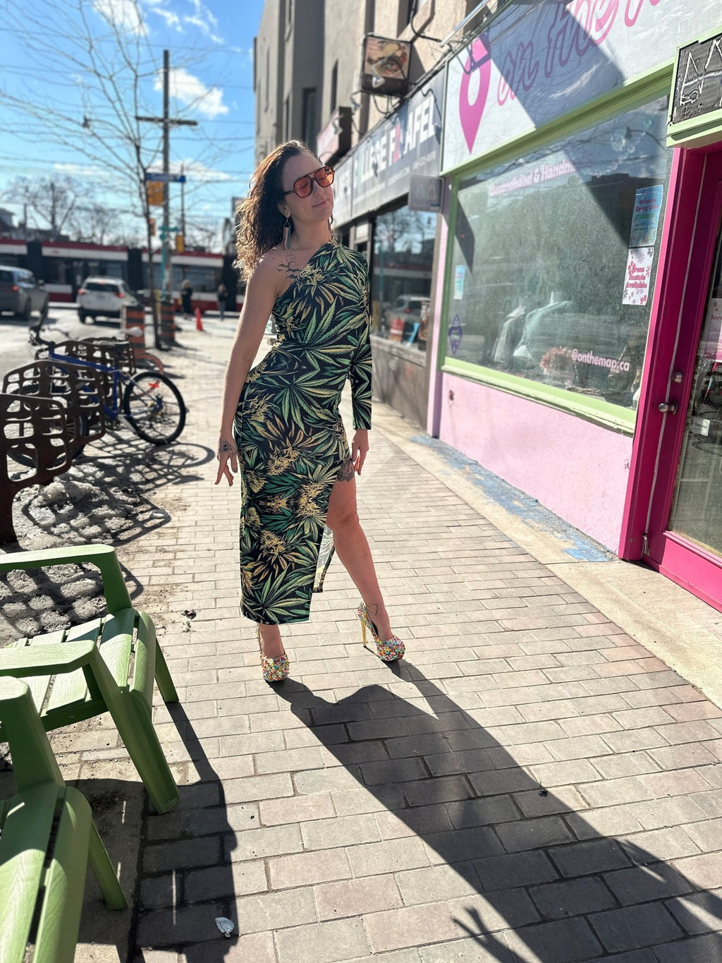 Bud print one-shoulder slit maxi dress, three-quarter view on model