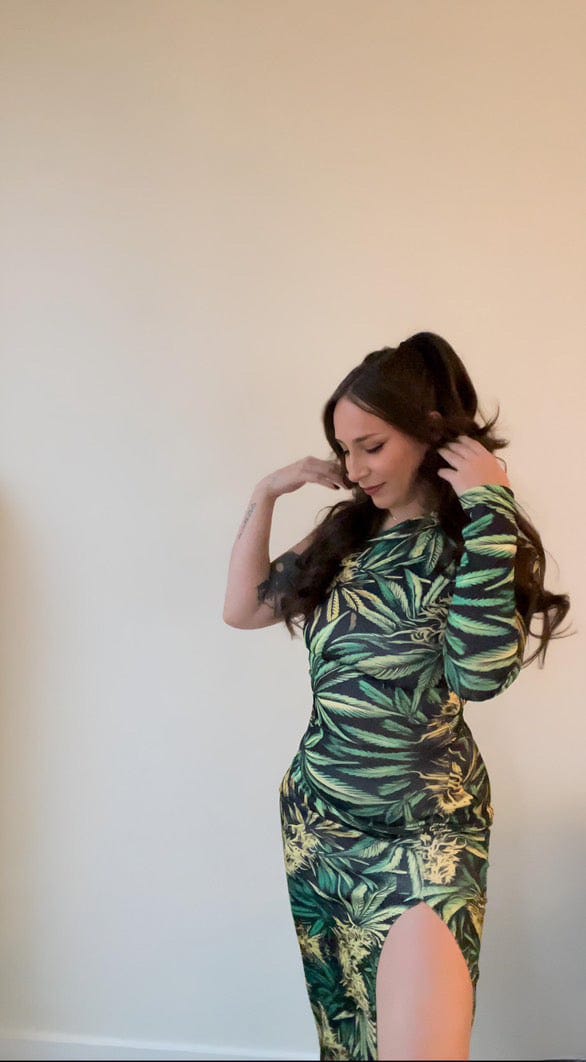 Bud print one-shoulder slit maxi dress, back view showing slit