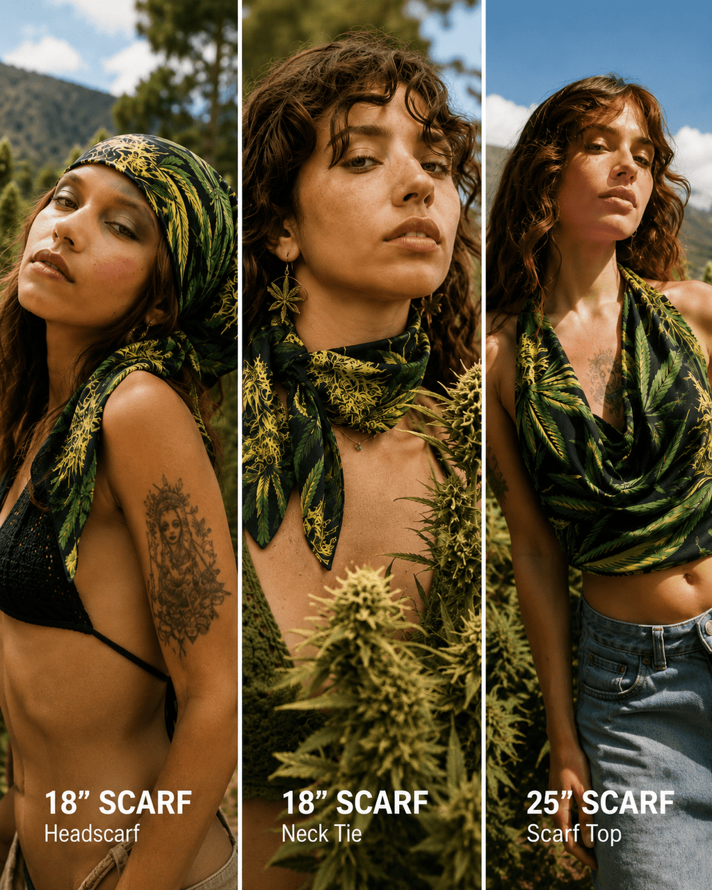 Jane Dope big buds print silky scarf, draped on model