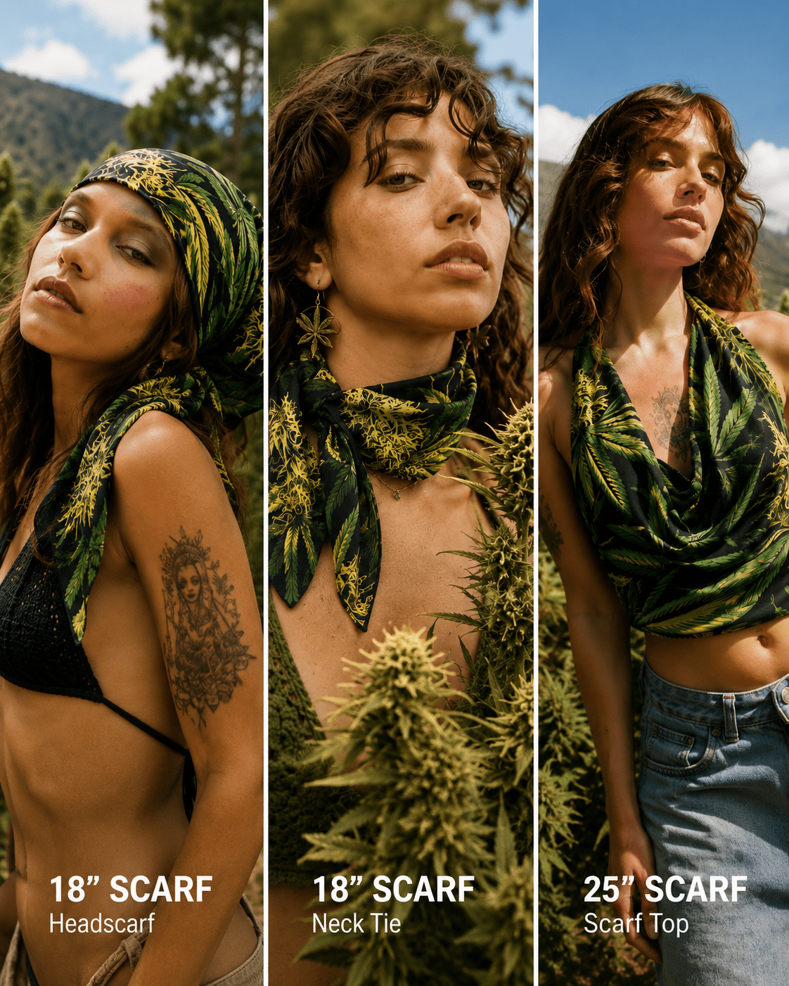 Jane Dope big buds print silky scarf, draped on model