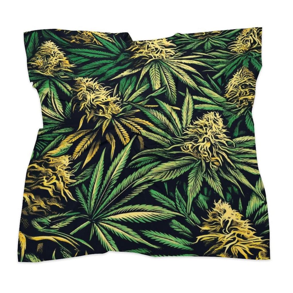Jane Dope cannabis big buds print kerchief scarf, draped lifestyle shot