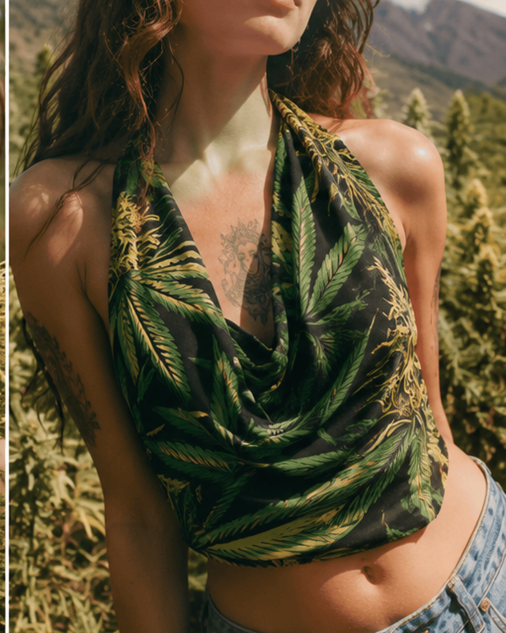Big buds print silky scarf, lifestyle editorial shot on model