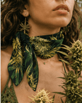 Big buds print silky scarf, tied as neckerchief on model