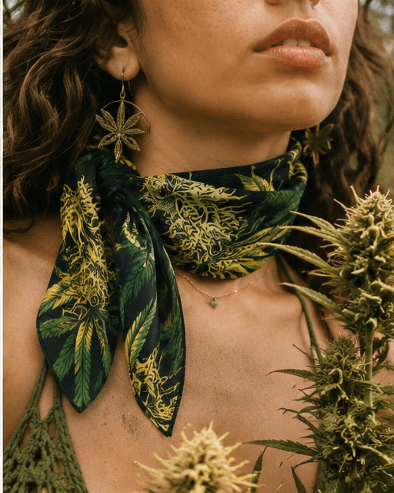 Big buds print silky scarf, tied as neckerchief on model