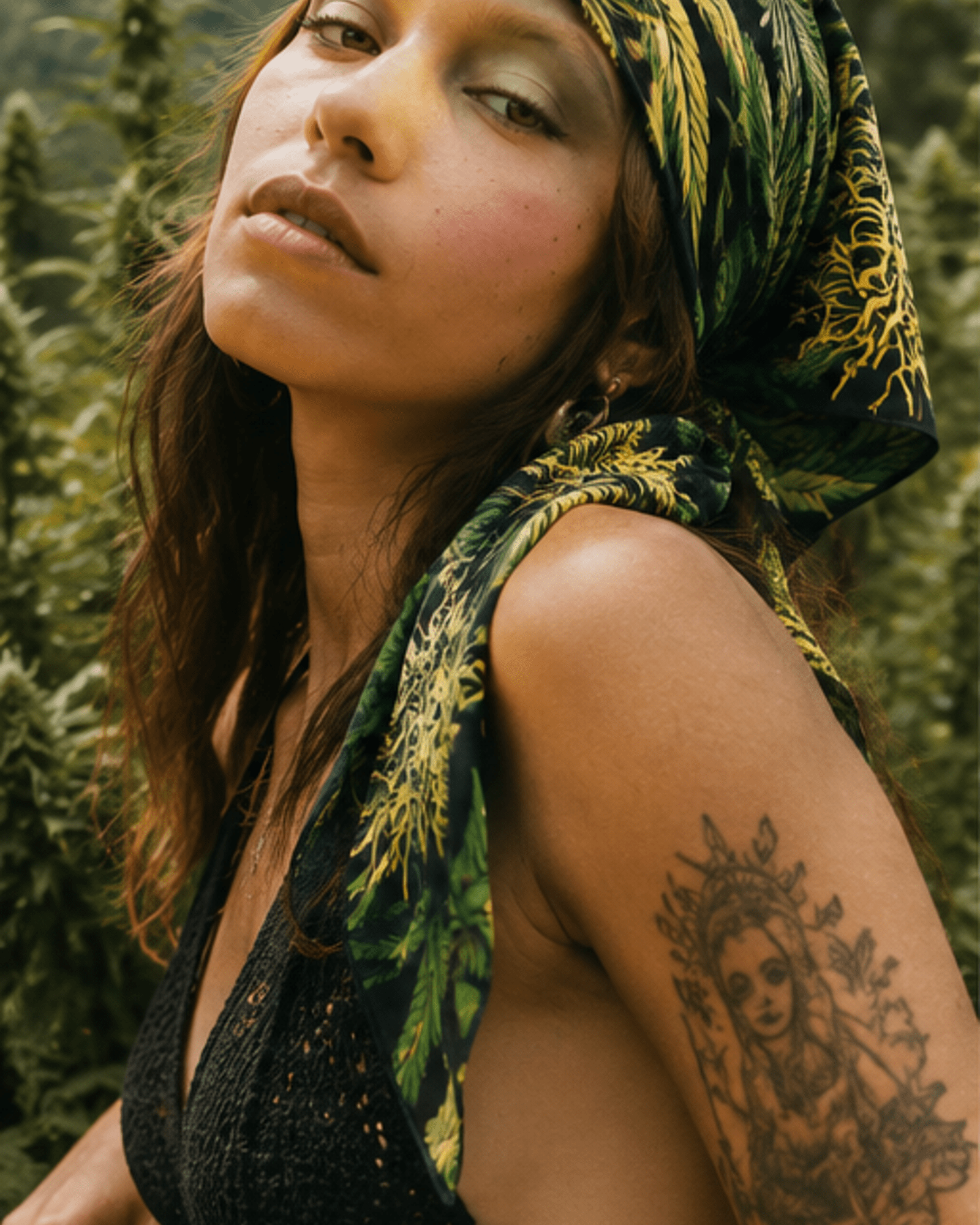 Big buds print silky scarf, styled as headscarf on model