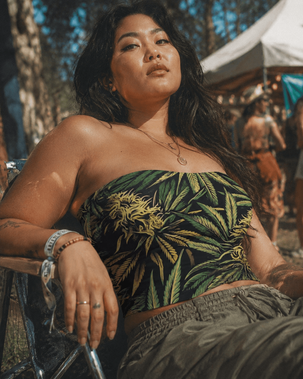 Big buds print tube crop top, side view on model