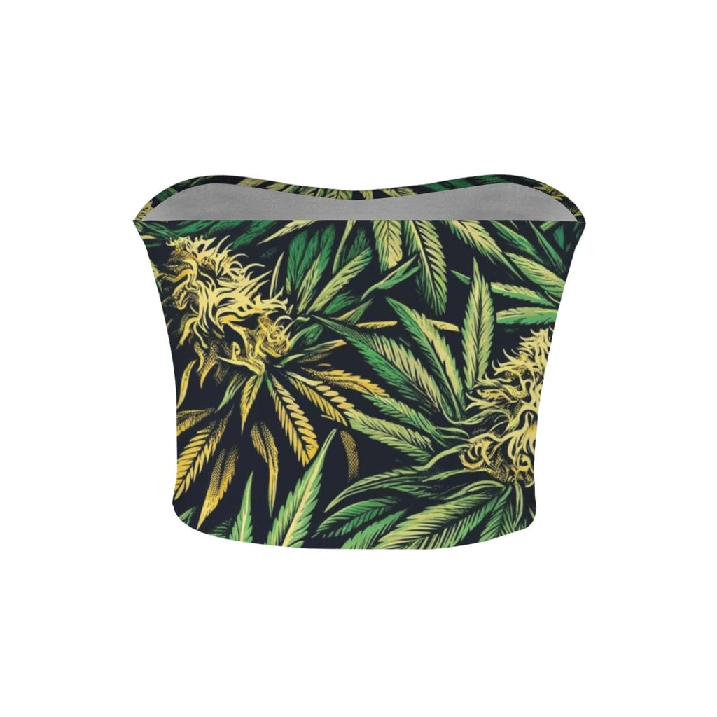Cannabis big buds print tube crop top, hem detail close-up