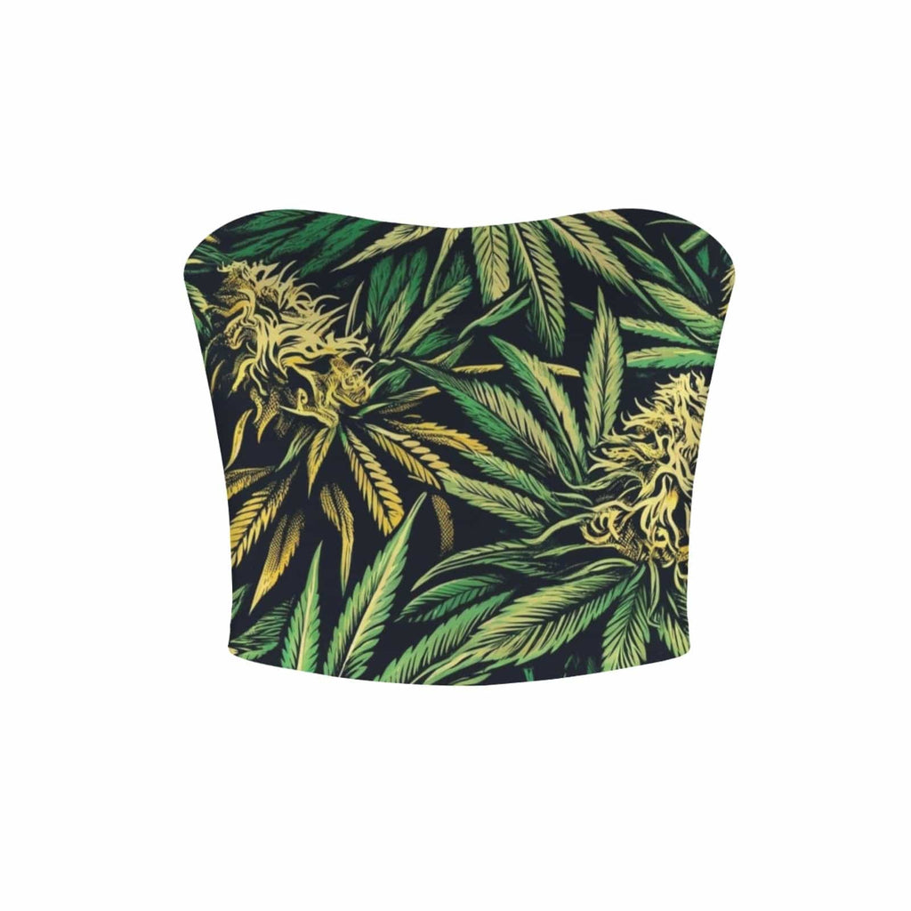 Cannabis big buds print tube crop top, fabric and print close-up