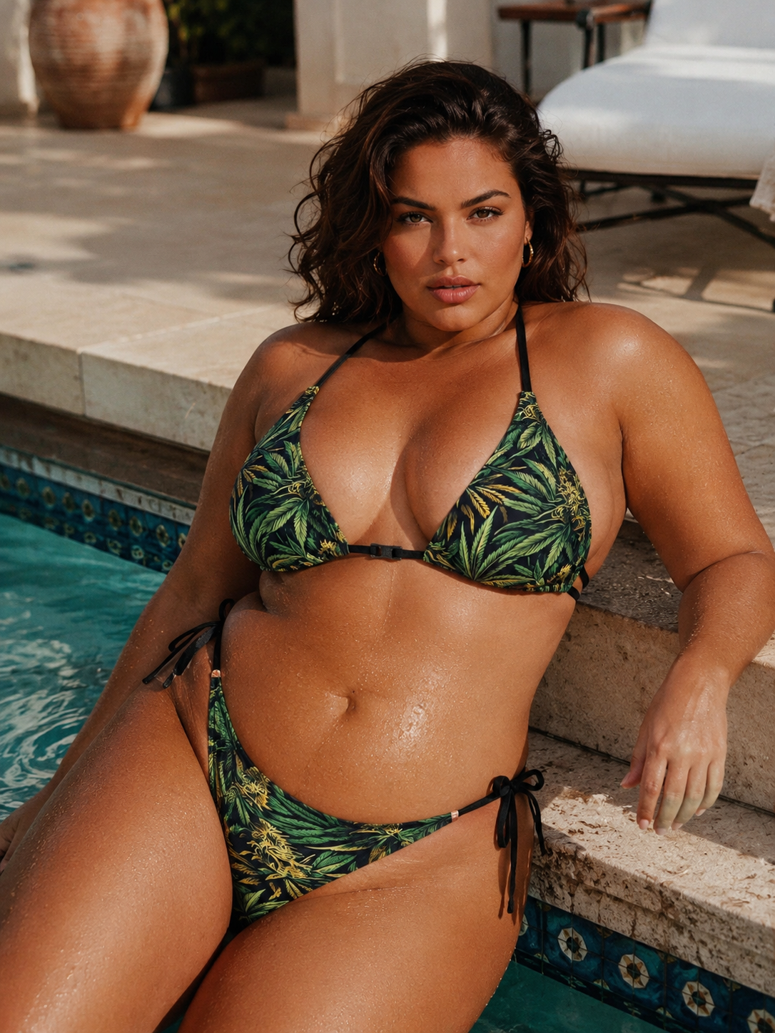 Woman in a tropical leaf bikini sitting by a pool.