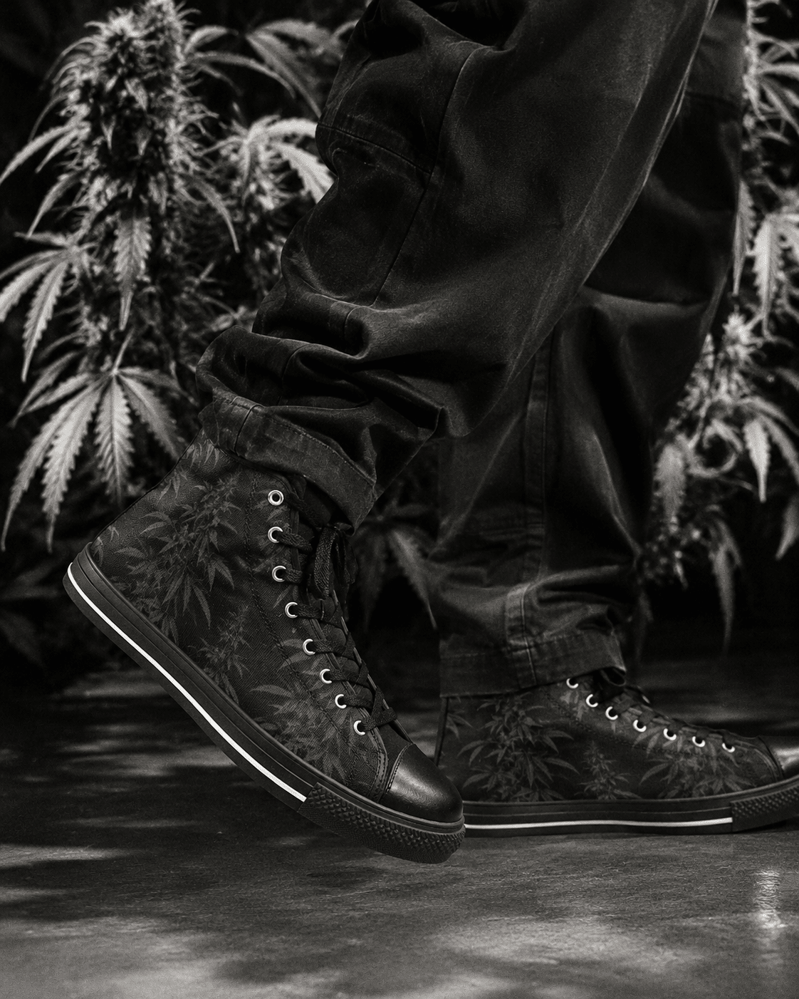 Jane Dope black spider web print women's high top canvas sneakers, lifestyle shot on model