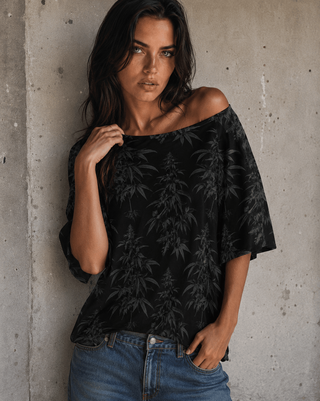 Jane Dope black spider web print relaxed fit boat neck half-sleeve t-shirt, front view on model