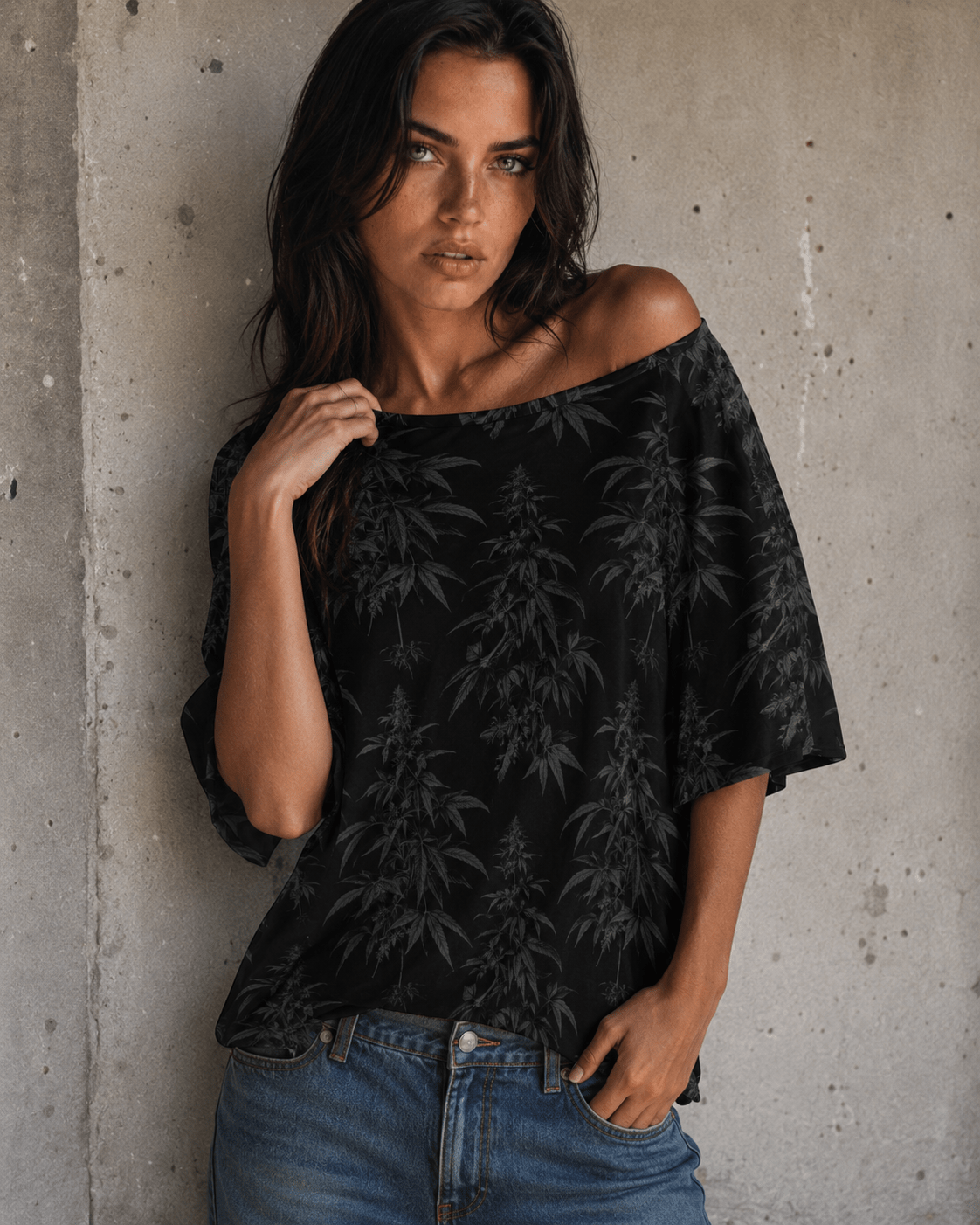 Jane Dope black spider web print relaxed fit boat neck half-sleeve t-shirt, front view on model