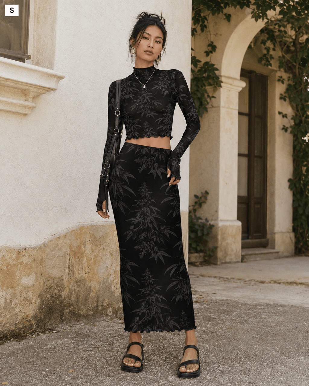 Black Widow Mesh High Neck crop top and Skirt Set Yoycol