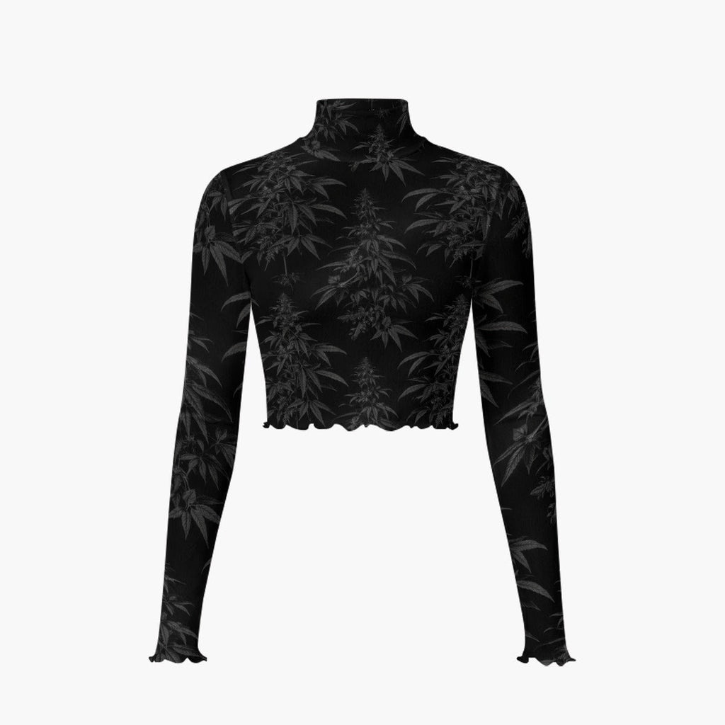 A black long-sleeve crop top with a high mock neck and a dark gray cannabis leaf pattern, shown on a plain white background.