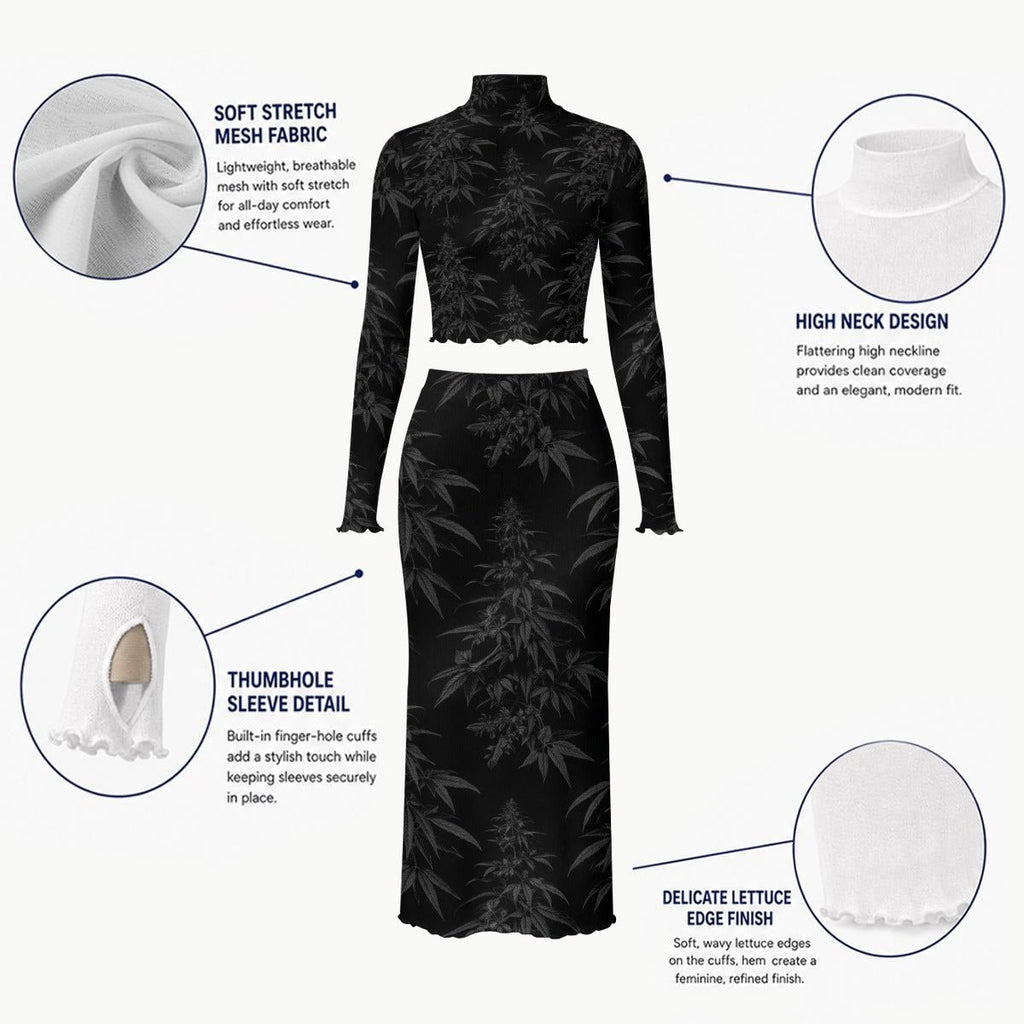 Black two-piece maxi dress set with a long-sleeve crop top and matching midi skirt, shown on a white background with callout circles and text describing fabric, neck design, sleeve detail, and edge finish.