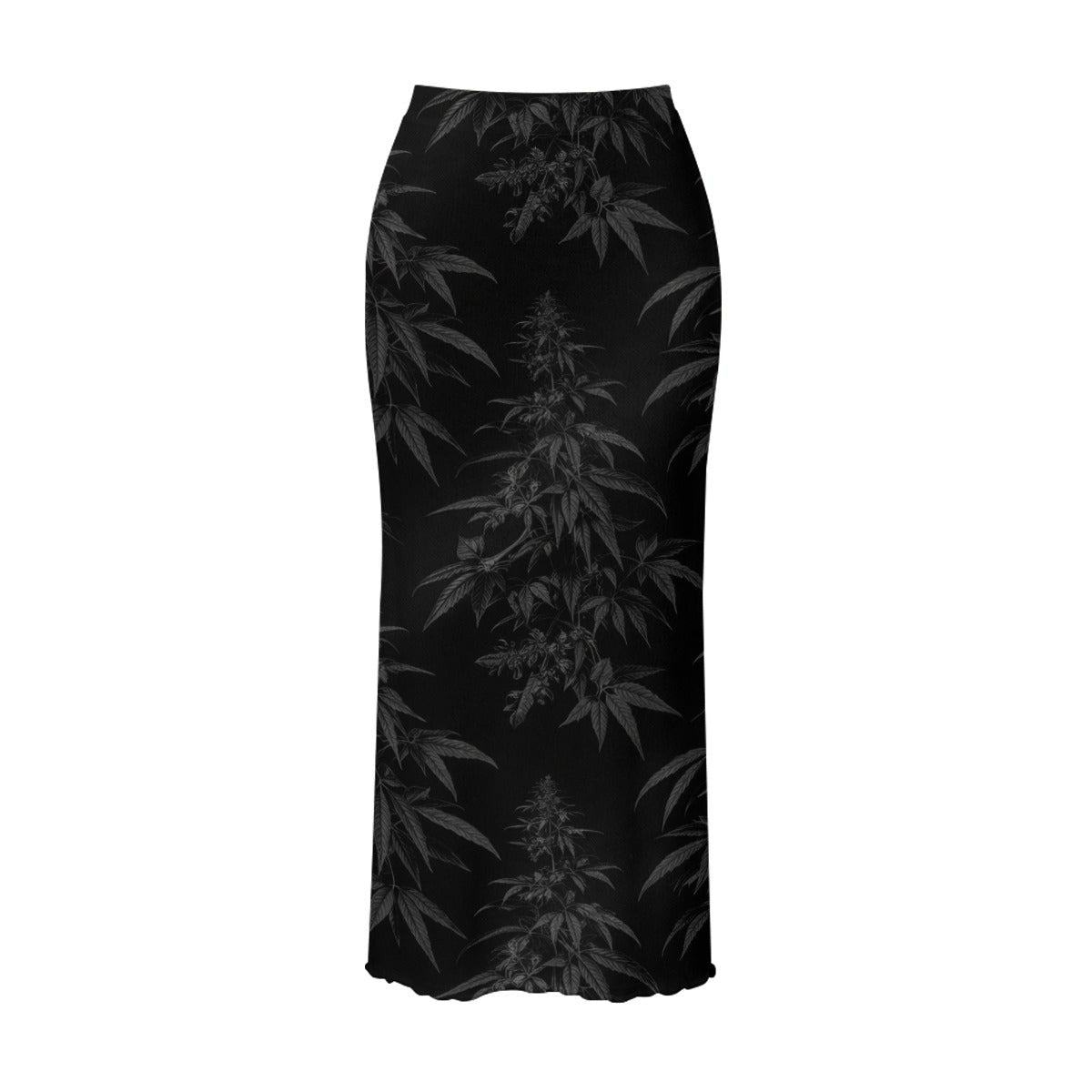 A black midi skirt with a vertical gray botanical leaf pattern, shown flat against a solid white background.