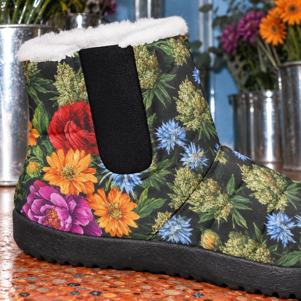 Bloom Booties close-up of floral nylon upper, elastic gore and white plush lining