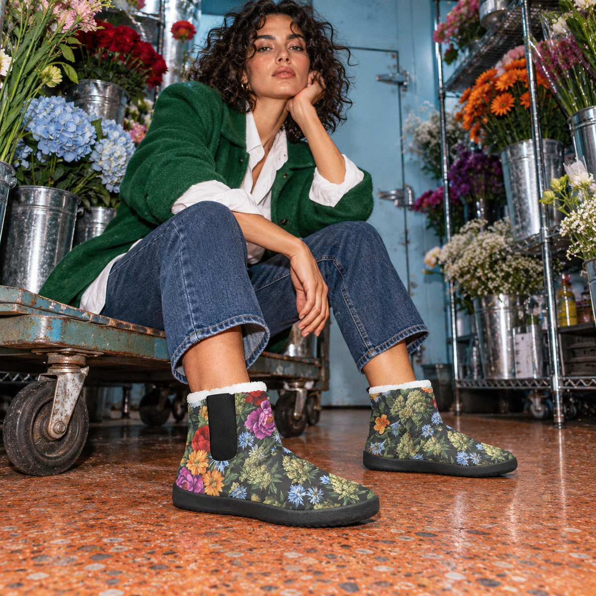 Bloom Booties worn with cropped denim in an ice-blue flower shop