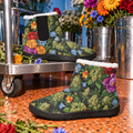Bloom Booties floral and Herb print pair with plush lining and black flat soles