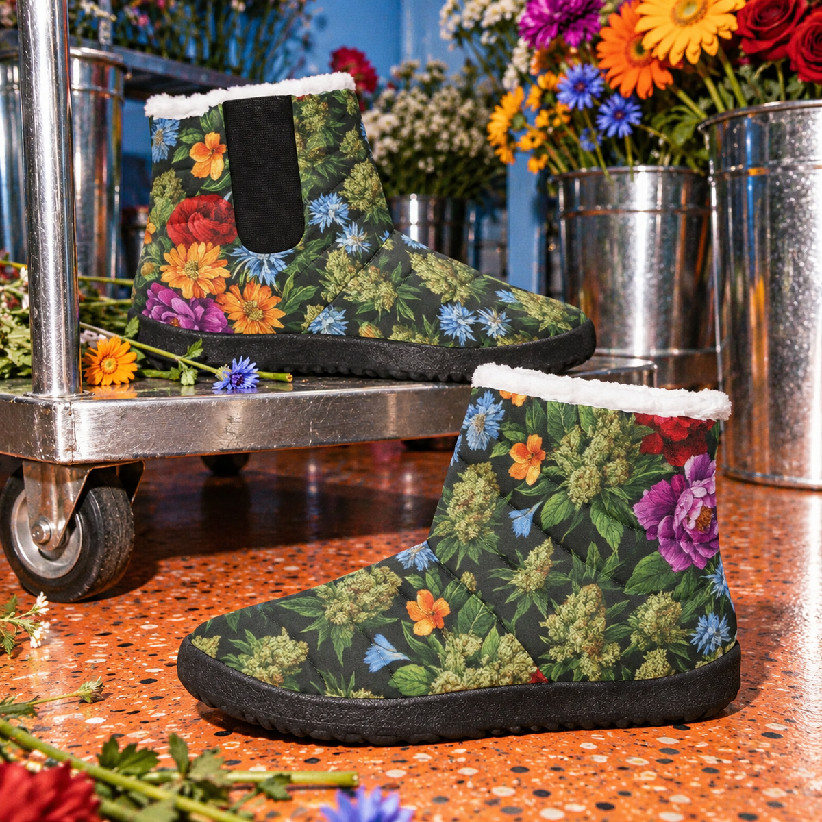 Bloom Booties floral and Herb print pair with plush lining and black flat soles