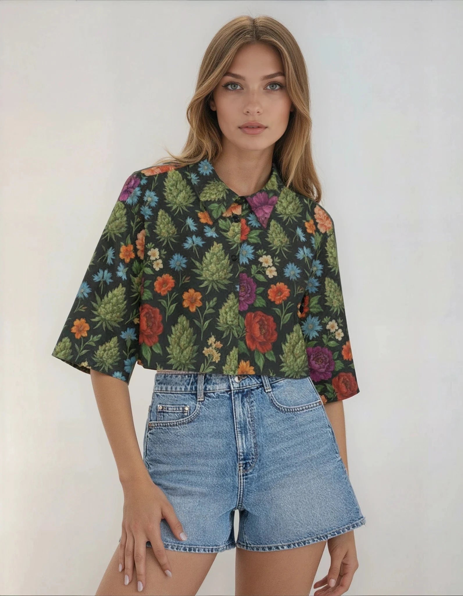 Jane Dope Bloom Cropped Jacket 245GSM Cotton — floral bloom print women's cropped jacket