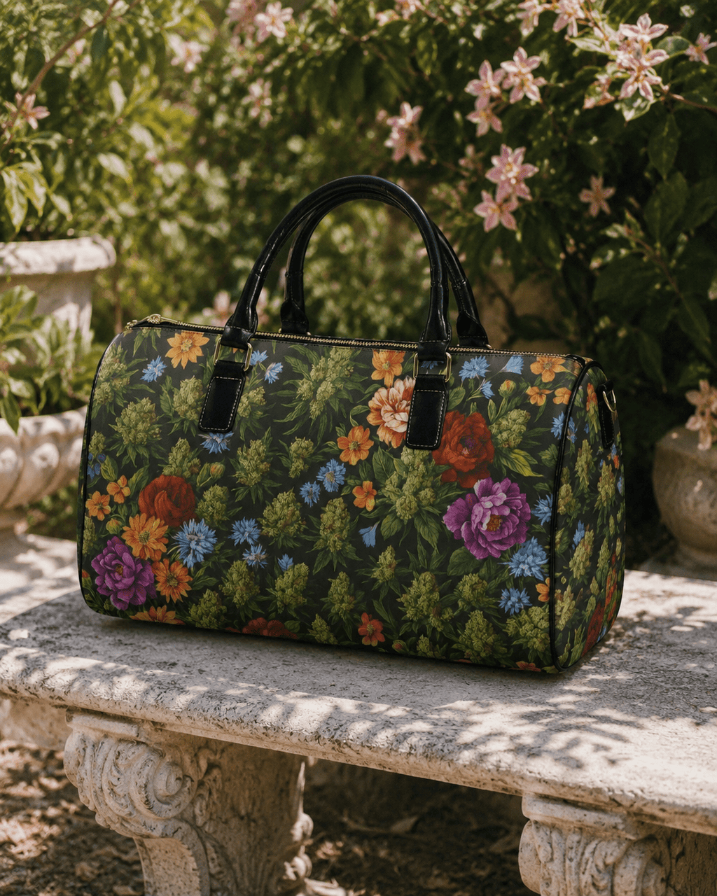Floral bloom print leather travel bag, three-quarter view showing strap