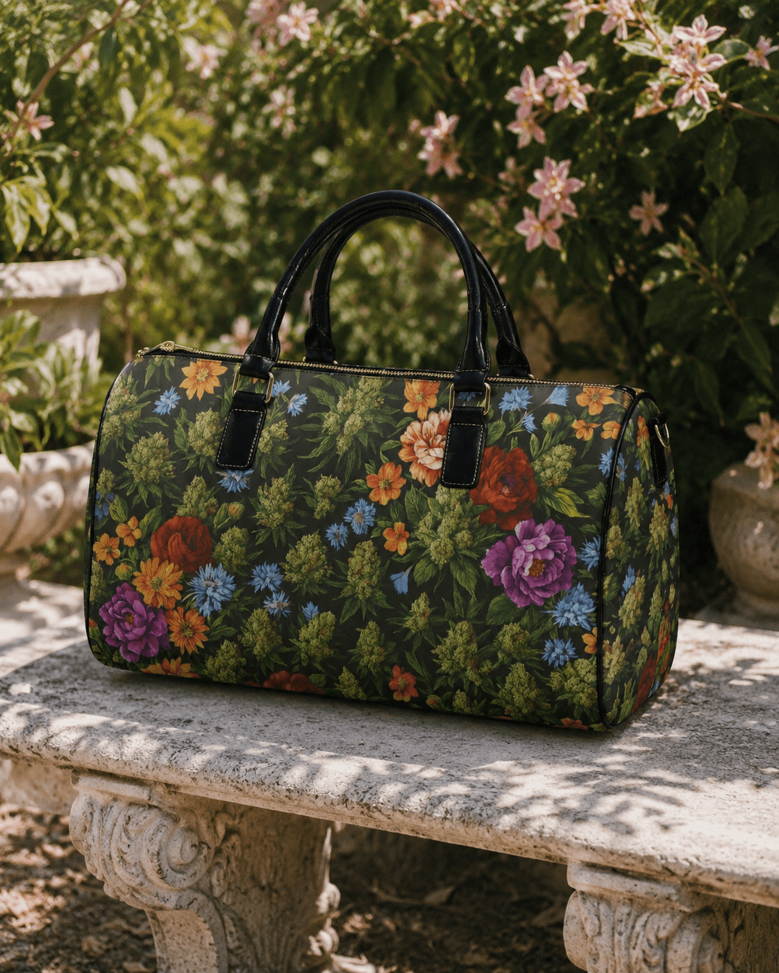 Floral bloom print leather travel bag, three-quarter view showing strap