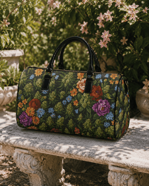 Floral bloom print leather travel bag, three-quarter view showing strap