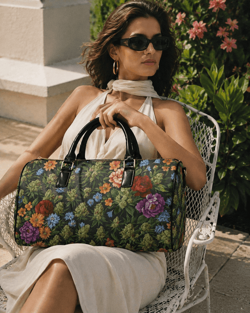 Jane Dope floral bloom print small leather travel bag, front view