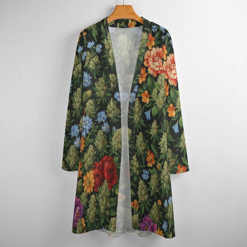 Floral bloom print mid-length cardigan, open drape front view