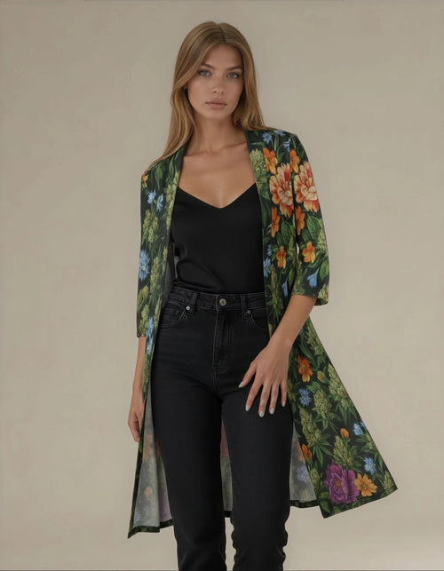 Jane Dope floral bloom print open-front mid-length cardigan, front view on model