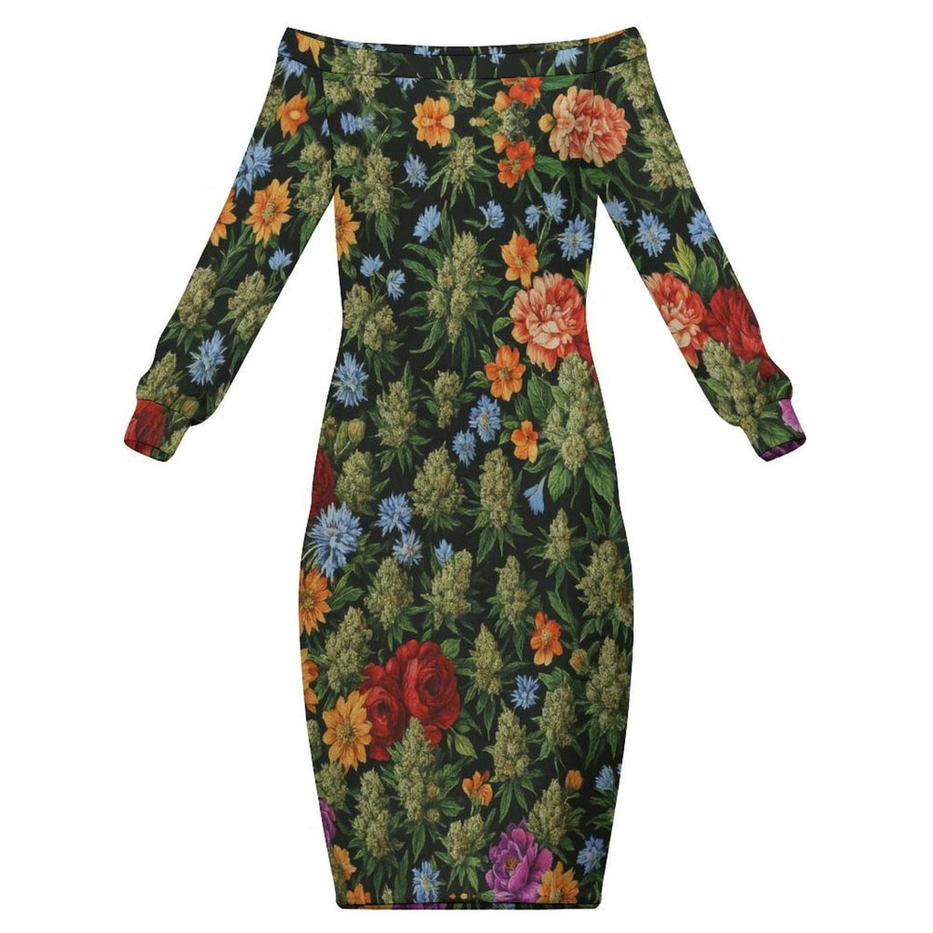 Floral bloom print off-the-shoulder long sleeve dress in white, front view on model