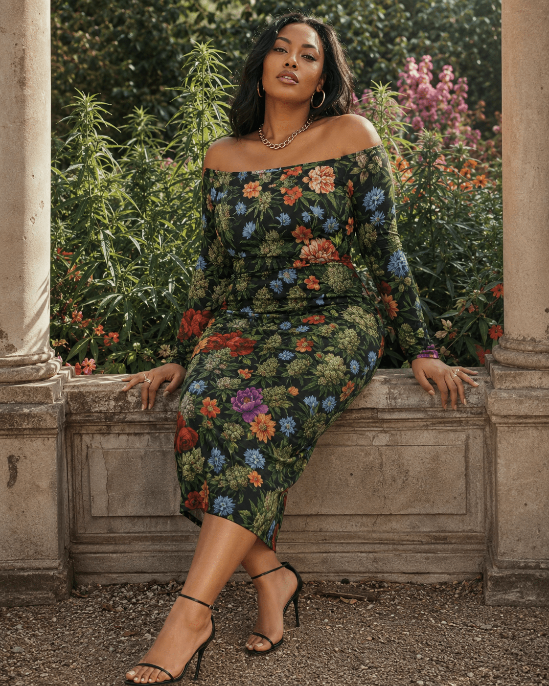 Floral bloom print off-the-shoulder long sleeve dress, full length view on model outdoors