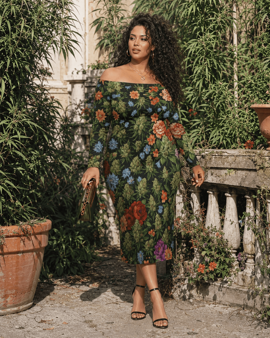 Floral bloom print off-the-shoulder long sleeve dress, walking shot on model