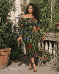 Floral bloom print off-the-shoulder long sleeve dress, walking shot on model